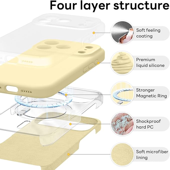 Vooii Magnetic Compatible with iPhone 17 Pro Case (Compatible with Magsafe) (Upgraded Camera Protection) Liquid Silicone Shockproof Full Body Protective Phone Cover for Women Men, Creamy Yellow, 6.3”