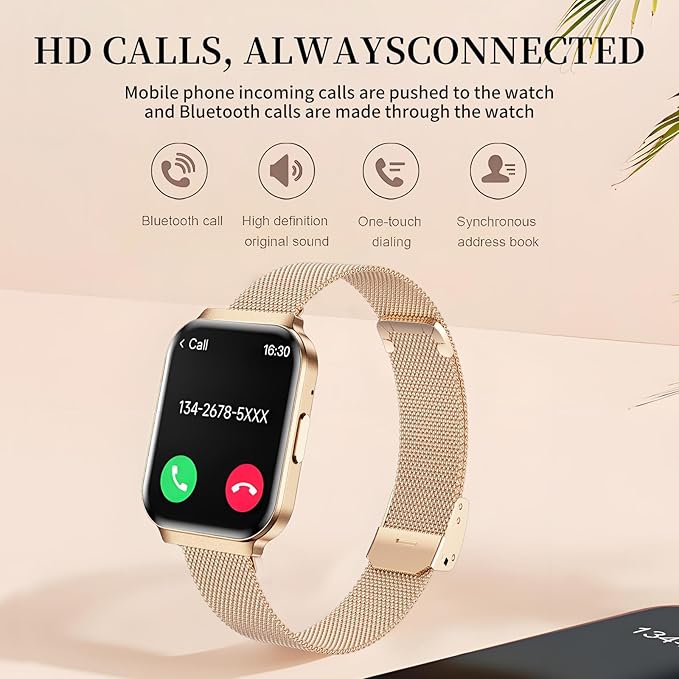 Welfit Women's Smart Watch, 1.75-inch Blood Pressure, Call/Message, Female Cycle Tracking, Heart Rate and Sleep Monitor, IP68 Waterproof for Android and iOS (Gold 2 Straps)