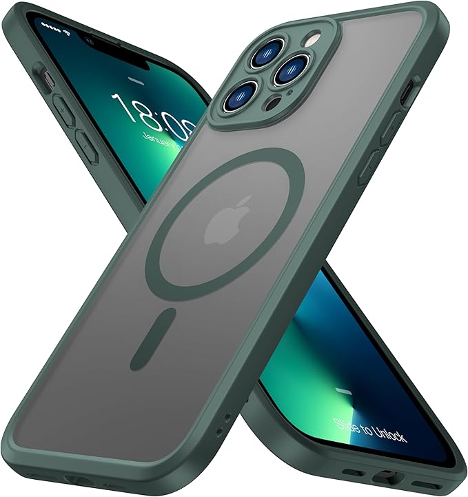 ImpactStrong Magnetic Guard Designed for iPhone 13 Pro Max Case [Camera Protection] [Military Grade Drop Tested] [Compatible with MagSafe] Slim Translucent Matte Phone Case (6.7") - Dark Green
