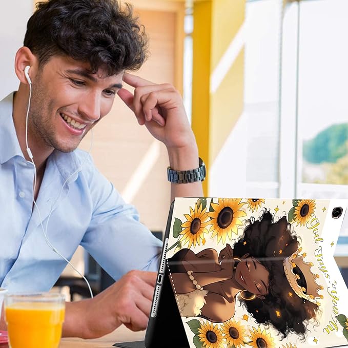 Case for Samsung Galaxy Tab A9 Plus 11 inch 2023，Slim Fit Foldable Standing Cover Case with Auto Sleep/Wake for Galaxy Tab A9+ 11’2023 (SM-X210/X216/X218)，African American Girl Sunflower