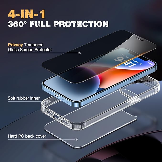 Diaclara Designed for iPhone 14 Case, [with Privacy Screen Protector] [Anti Spy] [Military Grade Drop Protection] Heavy Duty Full-Body Shockproof Phone Case, Clear