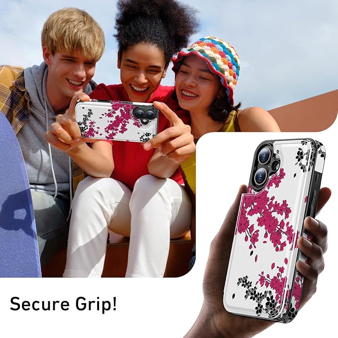 FUNMIKO for iPhone 16 Plus Wallet Case with Card Holder, RFID-Blocking, Military-Grade Protection & UV-Printed Artwork, Magnetic Closure with Leather Kickstand - Dramatic Blossom Drift