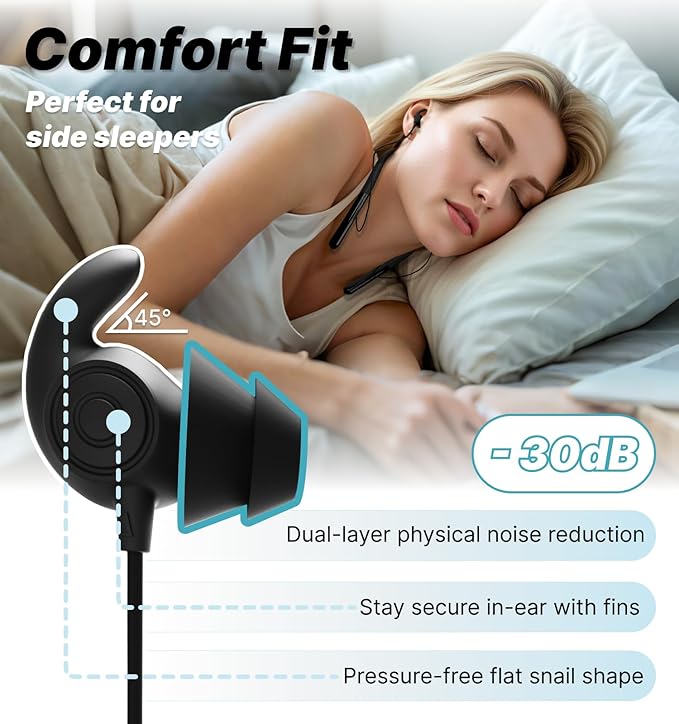 Hmusic HS88 Sleep Earbuds,Neckband Sleep Headphones Bluetooth 5.4,-30dB Noise Reduce Soft Flat Thin Silicone Earplugs for Side Sleeper,12H Playback, In Ear Earphones for Air Travel,Audio Book,Meditate