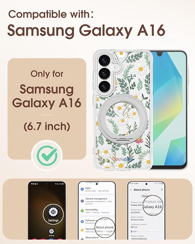 for Samsung Galaxy A16 4G/5G Case with 360° Rotatable Magnetic Ring - Semi-Transparent Anti-Fingerprint Soft-Touch Material Shockproof, Cute Daisy Flower Design for Women Girl