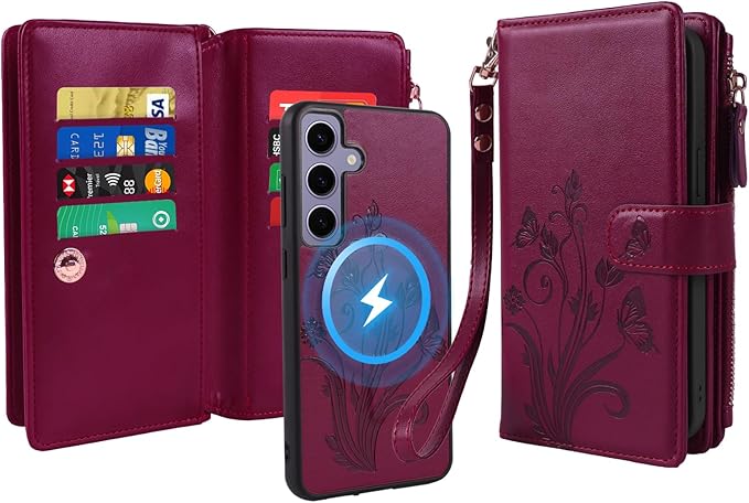 Lacass for Samsung Galaxy S24+ Plus Case Wallet,Compatible with MagSafe 2 in 1 Magnetic Detachable PU Leather RFID Blocking Wallet Cover Card Holder Zipper Wrist Strap Lanyard,Floral Wine Red