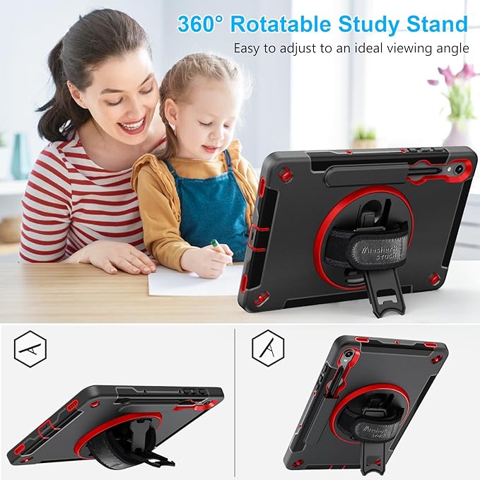 Case for Galaxy Tab S10 Lite &S10 FE S9 FE 10.9"/S9 11 Inch: TPU Cover for Samstng Tablet S10 FE/ 2025/ S9 FE & S9 2023 5G with Screen Protector- Stand- Handle-Shoulder Strap-S-Pen Holder-Red+Black