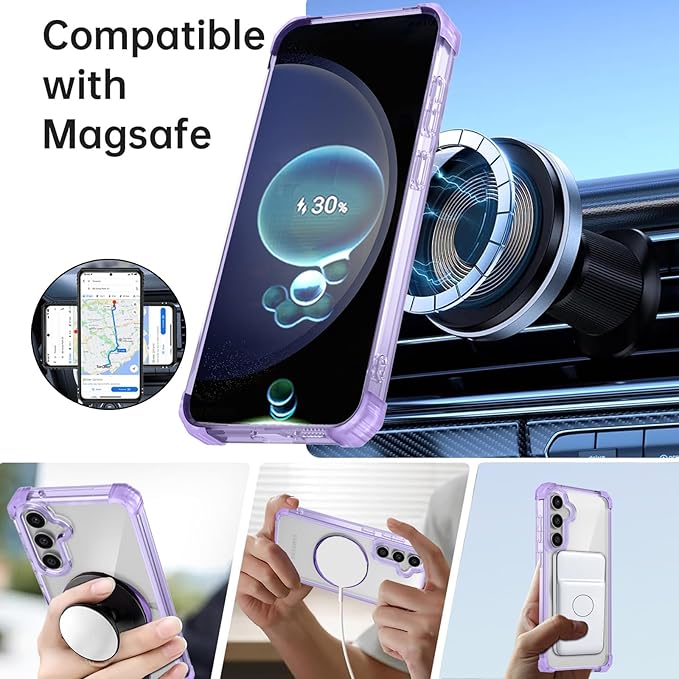 for Samsung Galaxy S23FE Case Magnetic Compatible with MagSafe,with 2 Screen Protector,Built-in Camera Cover+Stand Ring,Military Grade Drop Shockproof Heavy Duty Protection Phone Bumper Purple