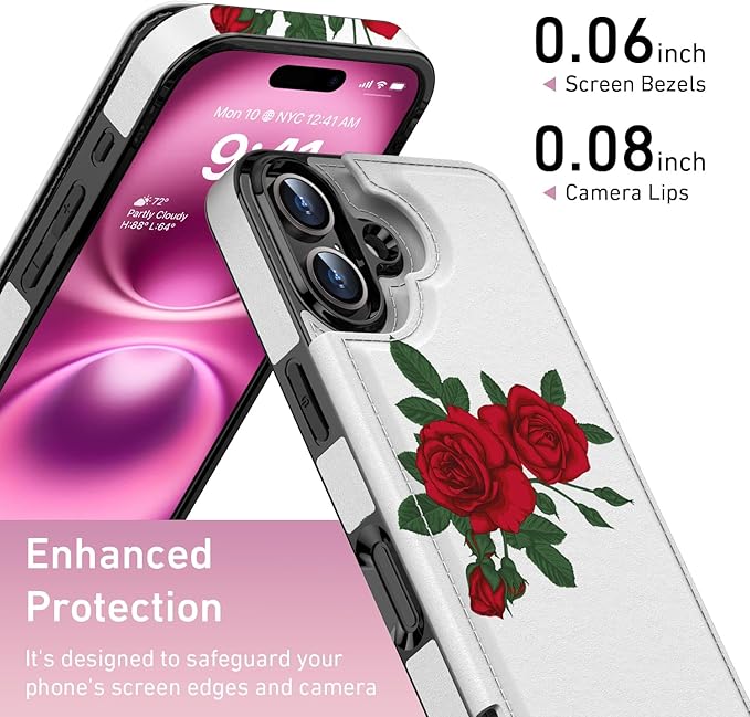 FUNMIKO for iPhone 16 Wallet Case with Card Holder, RFID-Blocking, Military-Grade Protection & UV-Printed Artwork, Magnetic Closure with Leather Kickstand - Blooming Red Rose