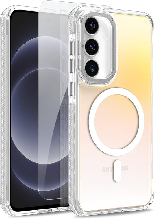 MOWIME Magnetic Case for Samsung Galaxy S25 FE 5G [Compatible with Magsafe] [Cute Fashion Fluorescent Design] [1 Screen Protector] Slim Translucent Matte Case for Galaxy S25 FE 5G 6.7", White