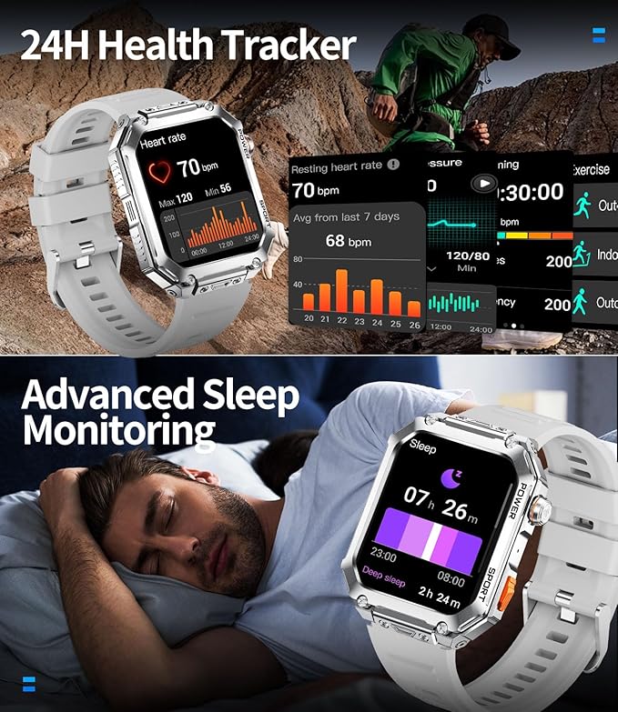 LIGE Military Smart Watches for Men, 1.96'' HD Screen with Answer Make Call Smart Watch for iOS Android Phone, Fitness Tracker with Heart Rate/Sleep Monitor, 5ATM Waterproof, Silver