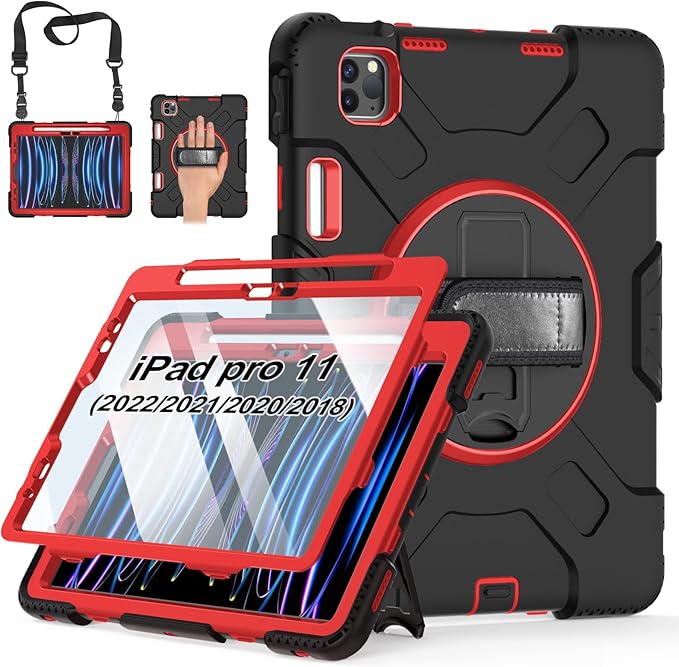 Case for iPad Pro 11 Inch (2022/2021/ 2020/2018): Silicone Cover for iPad 11 (4th/ 3rd/ 2nd/ 1st) Generation with Screen Protector- Stand- Handle- Shoulder Strap- Pencil Holder- Red