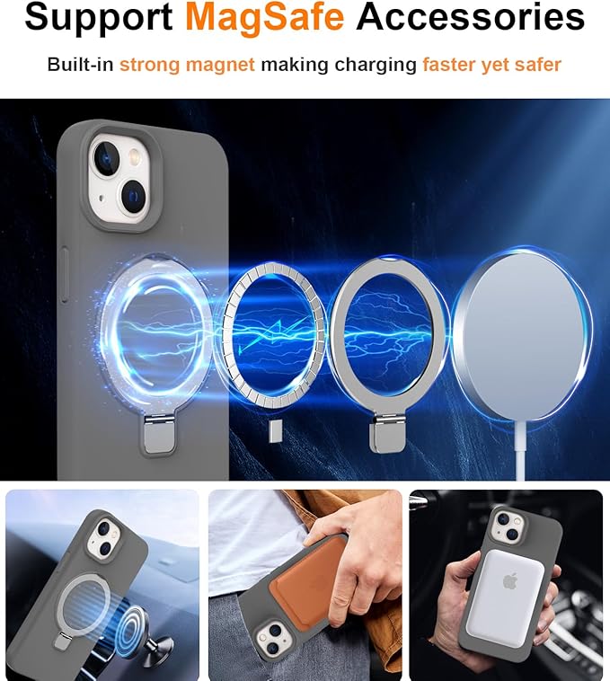 ZHK Liquid Silicone Designed for iPhone 13/14 Case with Magnet Stand, [Mil-Grade Drop Shockproof][Soft Anti-Scratch Microfiber Lining] Slim Fit Cover, Grey