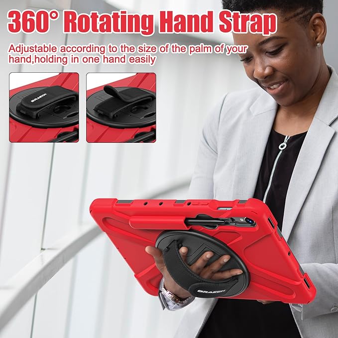 BRAECNstock for Samsung Galaxy Tab S10 Lite/ S10 FE/ S9 FE/ S9/ S8/ S7 5G Case 10.9"/ 11", Shockproof Protective Kids Case with Pencil Holder, Rotating Hand Strap & Stand, Shoulder Strap, Red
