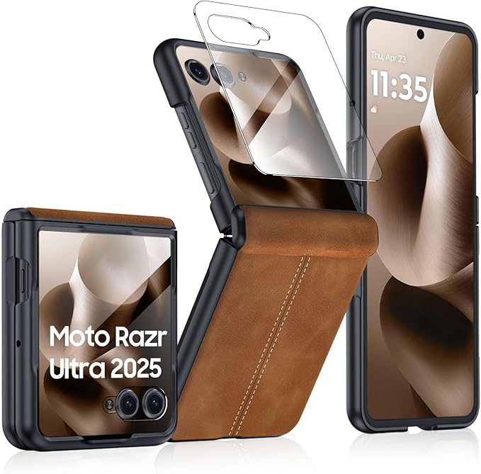 for Motorola Razr Ultra 2025 Case Built-in Screen Protector & Hinge Protection & Ultra Thin PU Leather Matte PC Shockproof Phone Cover Smartphone Case for Moto Razr Ultra 2025 (Brown)