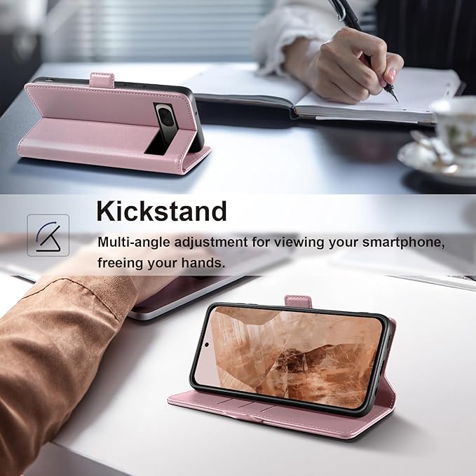 Wallet Flip Case for Google Pixel 8A - [RFID Blocking] Luxury PU Leather Card Holder Magnetic Phone Cover with Kickstand,Shockproof Protective Case,Pink