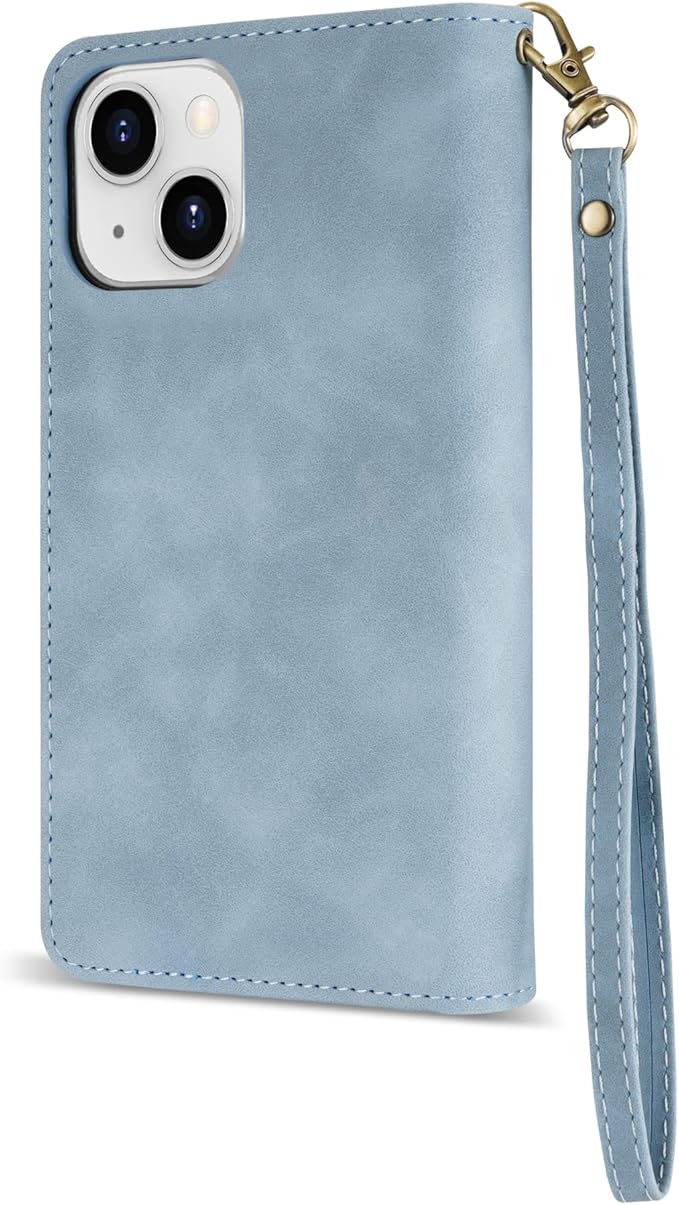 ZZXX for iPhone 14 Plus Case Wallet with [RFID Blocking] Card Slot Premium PU Leather Zipper Flip Folio with Wrist Strap Kickstand Protective Cover for iPhone 14 Plus Wallet Case(Light Blue-6.7 inch)