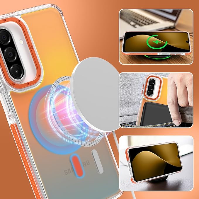 MOWIME Magnetic Case for Samsung Galaxy A17 5G [Compatible with Magsafe] [Cute Fashion Fluorescent Design] [1 Screen Protector] Slim Translucent Matte Case for Galaxy A17 5G 6.7", Orange