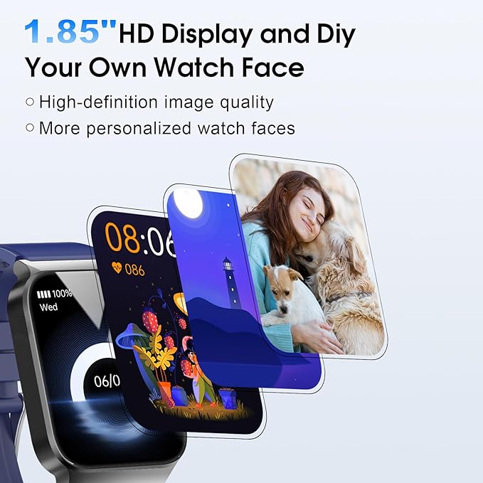 Smart Watch for Men Women Bluetooth Call, 1.85" HD Screen Smartwatch with Heart Rate/Sleep Monitor, 110+ Sport Modes Activity Trackers IP68 Waterproof, Fitness Watch Android iOS, Deep Blue