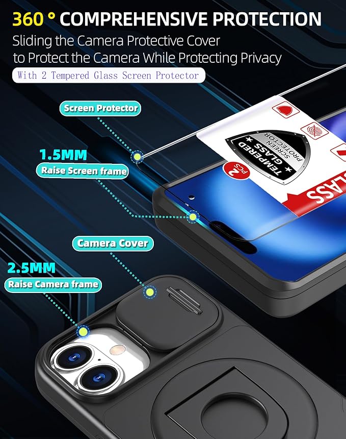 for iPhone 16 Case Magnetic Compatible with MagSafe Wireless Charging with 2 Screen Protectors,16 Case Built-in Kickstand Ring Camera Heavy Duty Protection Military Grade Drop Shockproof Black