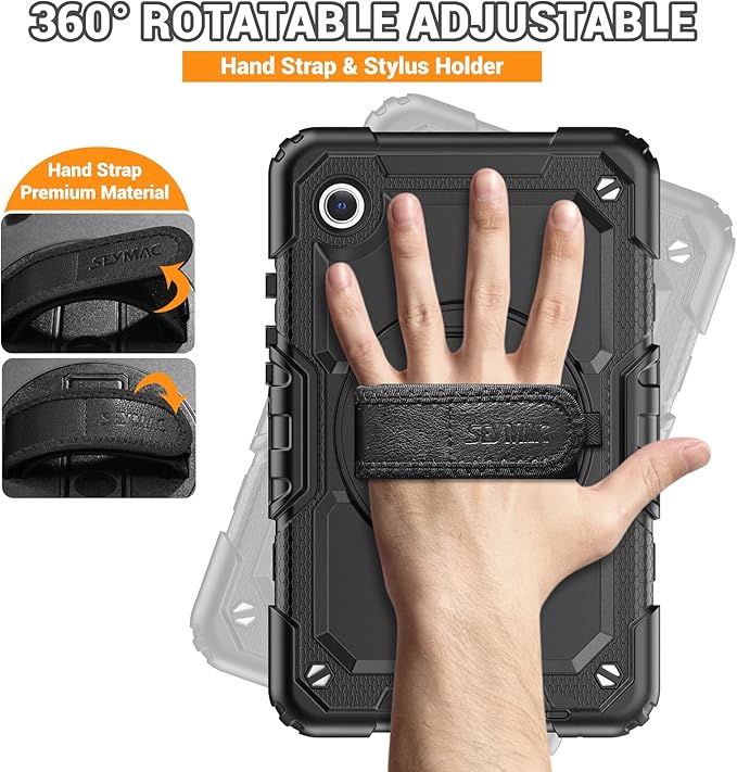SEYMAC for Samsung Galaxy Tab A9 Case 8.7 Inch 2023 (SM-X110/X115/X117), Heavy Duty Shockproof Protective Case with Screen Protector, Rotating Stand, Hand/Shoulder Strap and Pen Holder, Black