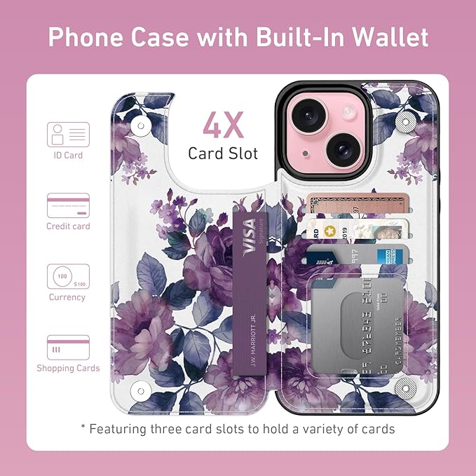 FUNMIKO for iPhone 14 Plus Wallet Case with Card Holder, RFID-Blocking, Military-Grade Protection & UV-Printed Artwork, Magnetic Closure with Leather Kickstand - Elegant Purple Floral