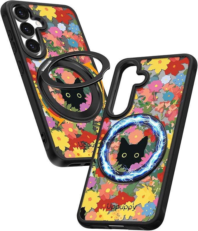 for Samsung Galaxy S25 Case with 360° Rotatable Magnetic Ring - Compatible with MagSafe, Semi-Transparent Soft-Touch Material Shockproof, Cute Black Cat & Flower Design for Women Girl