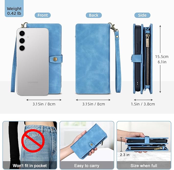 TwoHead for Samsung Galaxy S24 Wallet Case with Card Holder,Detachable Magnetic Phone Case for Galaxy S24,PU Leather Shockproof Protective Phone Cover Wallet with Wrist Strap(6.1 in,Sky Blue)
