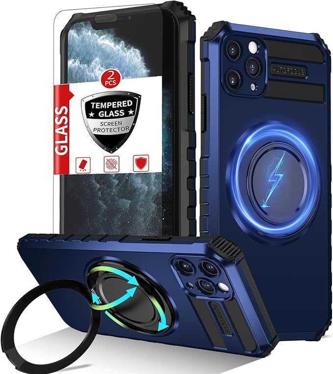 for iPhone 11 Pro Max Case Magnetic Compatible with MagSafe,with 2 Screen Protector,Built-in Camera Cover+Kickstand Ring,Military Grade Drop Shockproof Heavy Duty Protection Phone Bumper Blue