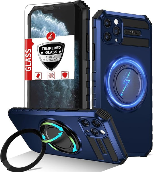 for iPhone 11 Pro Max Case Magnetic Compatible with MagSafe,with 2 Screen Protector,Built-in Camera Cover+Kickstand Ring,Military Grade Drop Shockproof Heavy Duty Protection Phone Bumper Blue