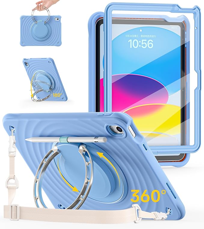 BRAECN Ripple Case for iPad (A16)11th/10th Generation 11/10.9 inch 2025/2022 Zinc Alloy Handle Ring Stand Protective Heavy Duty Screen Protector 360°Rotating 180°Folding Shoulder Strap Full-Body Cover