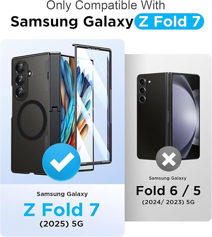 Temdan Magnetic for Samsung Galaxy Z Fold 7 Case,[Compatible with MagSafe][Built-in HD Screen Protector&Invisible Kickstand][Hinge Protection]Translucent Matte Shockproof Phone Case for Z Fold 7,Black
