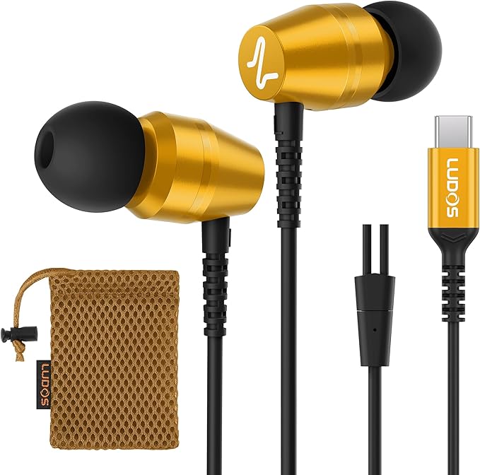 LUDOS OMNITONE USB C Headphones for iPhone 16 15 Pro Max Plus iPad Pro, 5 Years Warranty, USB-C Earbuds for Samsung Galaxy S24 S23 Ultra S22 S21 S20 A55 A54 A53, USB Type C Earphones - Gold