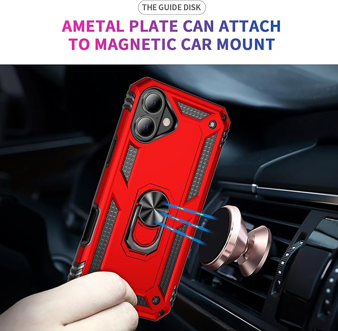 ADDIT Compatible with iPhone 17 Case with Tempered Glass Screen Protector, Adjustable Kickstand Ring, Military-Grade Heavy Duty Protection, Shockproof, Anti-Fingerprint,Red