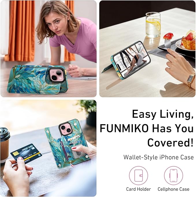 FUNMIKO for iPhone 15 Wallet Case with Card Holder, RFID-Blocking, Military-Grade Protection & UV-Printed Artwork, Magnetic Closure with Leather Kickstand - Sleek Cyan Leaf