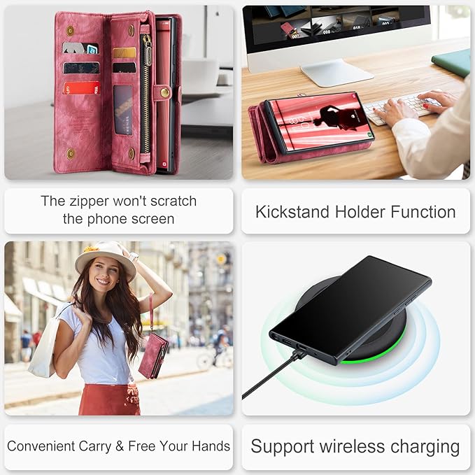 SZHAIYU 2 in 1 Detachable for Samsung Galaxy S23 Ultra Wallet Case with Card Holder, Retro Premium Flip Leather Cover Magnetic Zipper Pocket Phone Cases 6.8'' (Red,S23 Ultra)