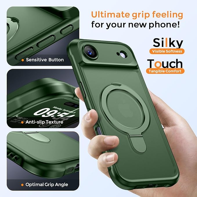 MOCCA Compatible with iPhone Air Case with Magnetic Invisible Stand [Full Camera Protection] [Compatible with Magsafe] Military Drop Shockproof Translucent Matte Phone Case Cover 6.5",Dark Green
