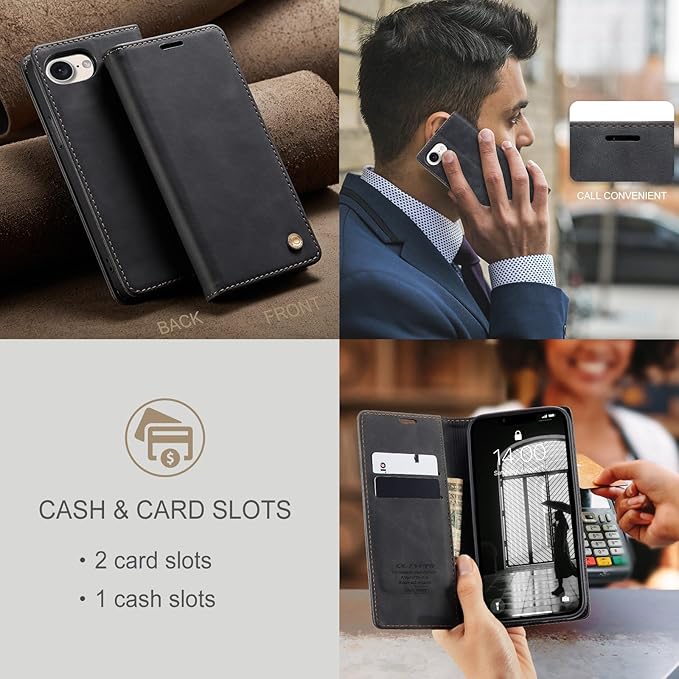 QLTYPRI Case for iPhone 16e, Vintage PU Leather Wallet Case Card Slot Kickstand Magnetic Closure Shockproof Flip Folio Cover for iPhone 16e - Black