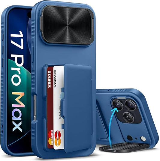 for iPhone 17 Pro Max Case with Card Holder, Built-in Stand & Camera Lens Cover, Shockproof Rugged Silicone Raised Edge Protective Wallet Phone Case for iPhone 17 Pro Max 6.9" 2025, Blue