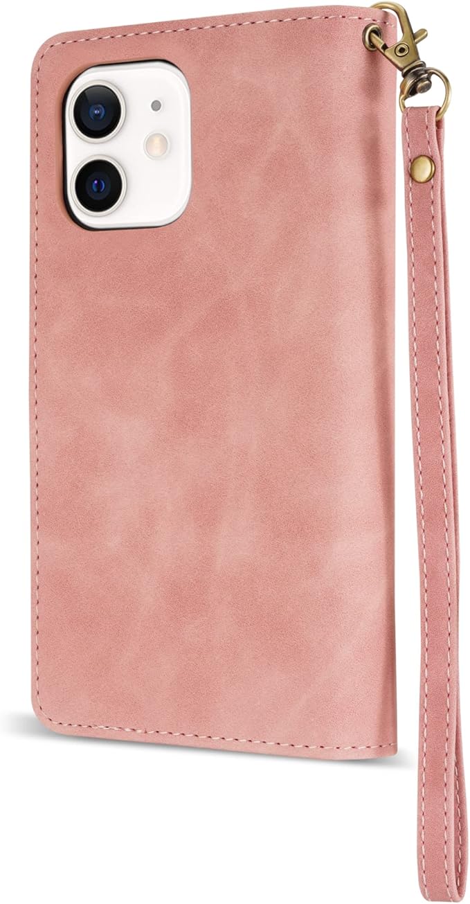 ZZXX for iPhone 12 Mini Wallet Case with Card Slot Premium Soft PU Leather Zipper Flip Folio Wallet with Wrist Strap Kickstand Protective for iPhone 12 Mini Case Wallet(Pink 5.4 inch)
