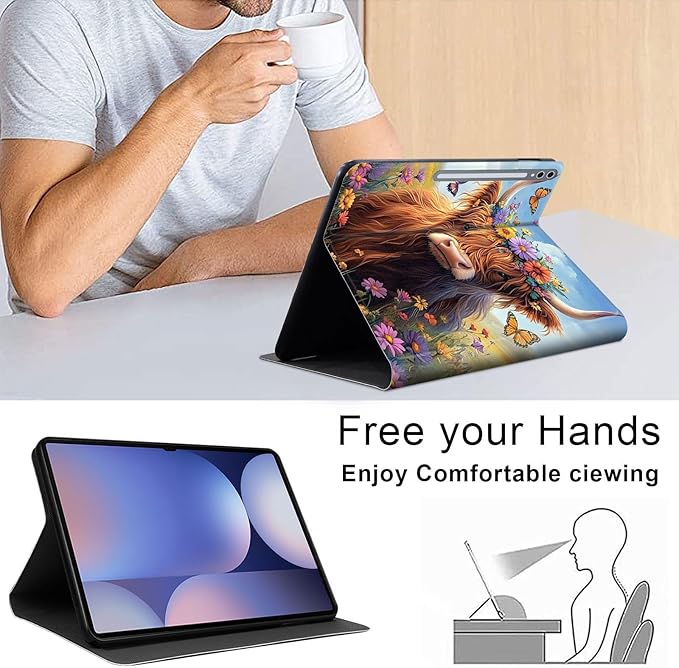 Case for Samsung Galaxy Tab S10 Plus/ S9 FE Plus/ S9 Plus 5G Tablet 12.4'', Slim PU Leather Stand Cover with Auto Wake/Sleep, Multi-Angle Viewing & Shockproof, Cute Highland Cow