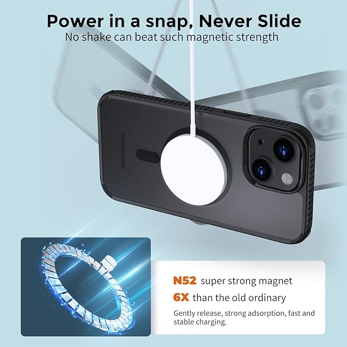 UNBREAKcable Case for iPhone 14 & iPhone 13, [Compatible with MagSafe] [Military Grade Shockproof] [Non-Slip] Translucent Matte Back and Soft TPU Edge Protective Case for iPhone 14/13 6.1", Black