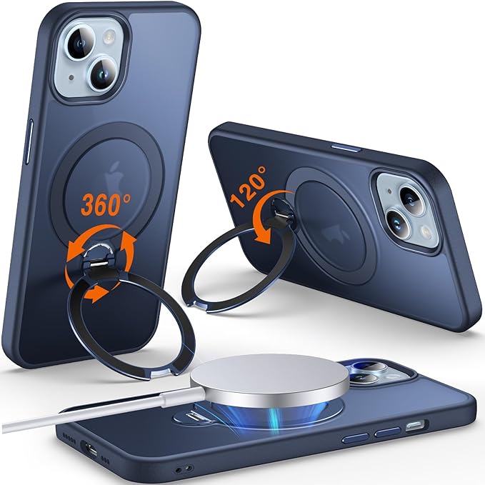 360° O-Ring MagStander for iPhone 13 Case, iPhone 14 Case with Magnetic Stand Ring Holder [Compatible with MagSafe][15FT Military Shockproof] Kickstand iPhone 13/14 Phone Cover Matte Blue