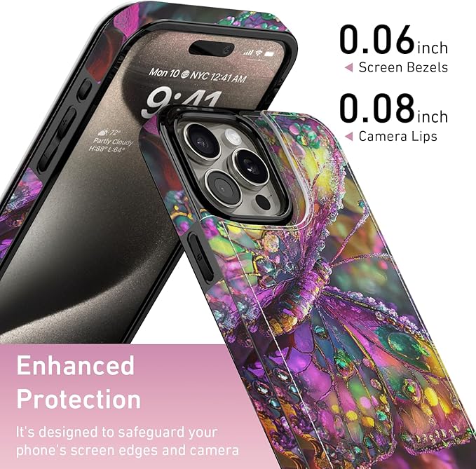 FUNMIKO for iPhone 15 Pro Max Wallet Case with Card Holder, RFID-Blocking, Military-Grade Protection & UV-Printed Artwork, Magnetic Closure with Leather Kickstand - Vibrant Elegant Butterfly
