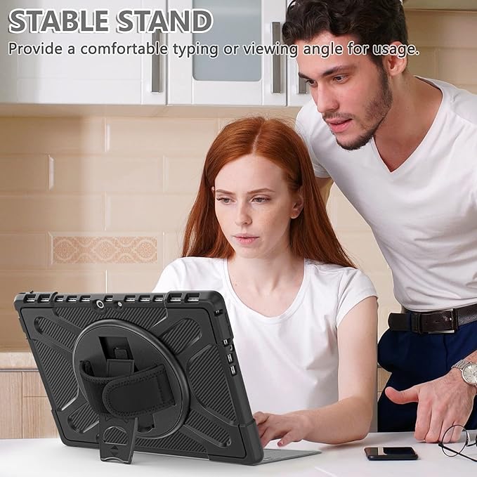 Junfire Protective Case for Microsoft Surface Pro 11/Pro 10/Pro 9, Shockproof Rugged Case 13 inch with 360°Rotatable Kickstand/Hand Strap/Stylus Holder, Compatible with Type Cover Keyboard-Black