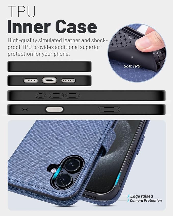 OCASE Compatible with iPhone 16 Wallet Case, PU Leather Flip Folio Case with Card Holders RFID Blocking Kickstand [Shockproof TPU Inner Shell] Phone Cover 6.1 Inch 2024, Denim Blue