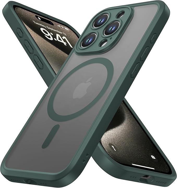ImpactStrong Magnetic Guard Designed for iPhone 15 Pro Max Case [Camera Protection] [Military Grade Drop Tested] [Compatible with MagSafe] Slim Translucent Matte Phone Case (6.7") - Dark Green