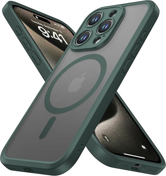 ImpactStrong Magnetic Guard Designed for iPhone 15 Pro Max Case [Camera Protection] [Military Grade Drop Tested] [Compatible with MagSafe] Slim Translucent Matte Phone Case (6.7") - Dark Green