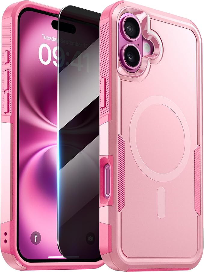Diaclara Magnetic for iPhone 16 Plus Case, [with Privacy Screen Protector] [Anti Spy] [Military Grade Drop Protection] Heavy Duty Full-Body Shockproof Phone Case, Magnetic Pink