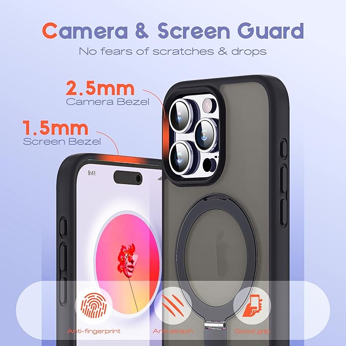 Designed for iPhone 15 Pro Max Case with Magnetic Ring Stand [Compatible with Mag-Safe] [Military Drop Protection] Shockproof Translucent Phone Cover 6.7" for Women Men,Black