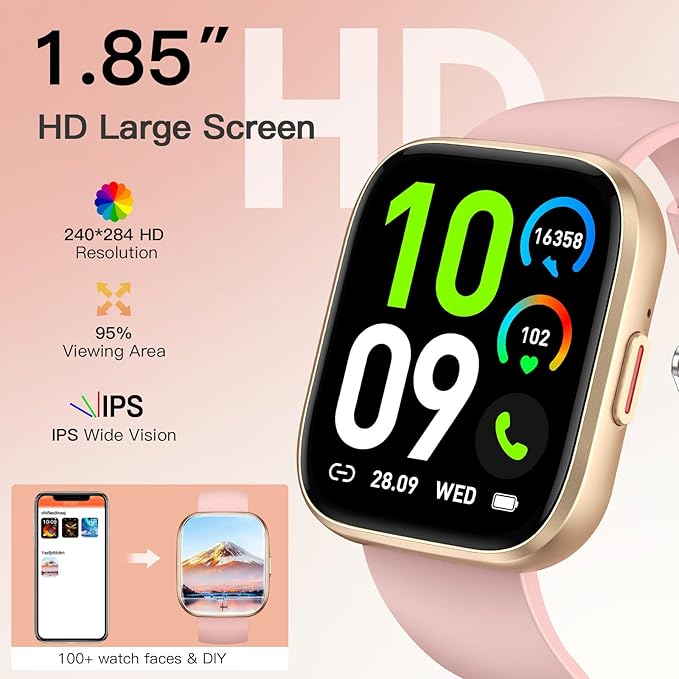 Smart Watches for Women, 1.85" Fitness Watch Answer/Make Calls, Fitness Tracker with Pedometer/Calories, 24/7Heart Rate/SpO2/Sleep Tracker, Waterproof Smart Watch for Android iPhone(2 Straps)